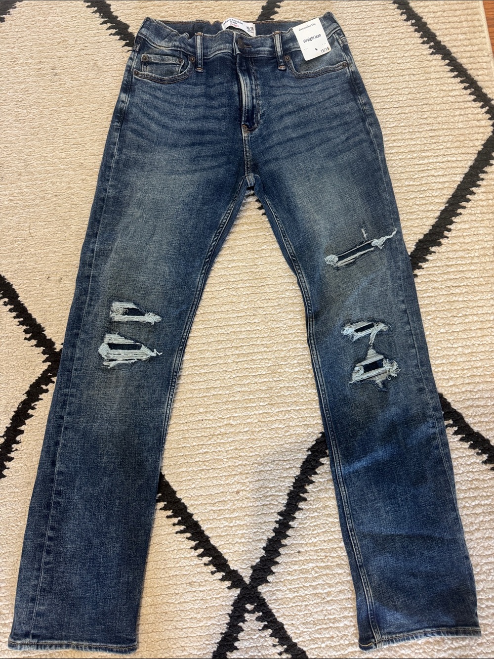 NEW Abercrombie kids boys Dark Blue Distressed Straight Jeans 15/16